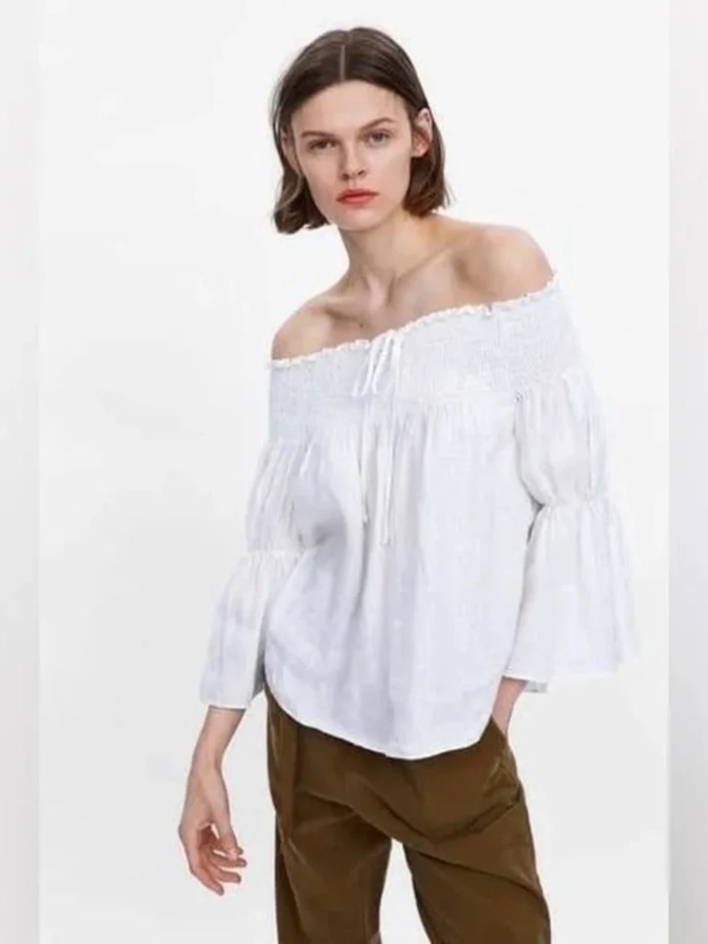 Zara Off-The-Shoulder white Linen Top , Small
